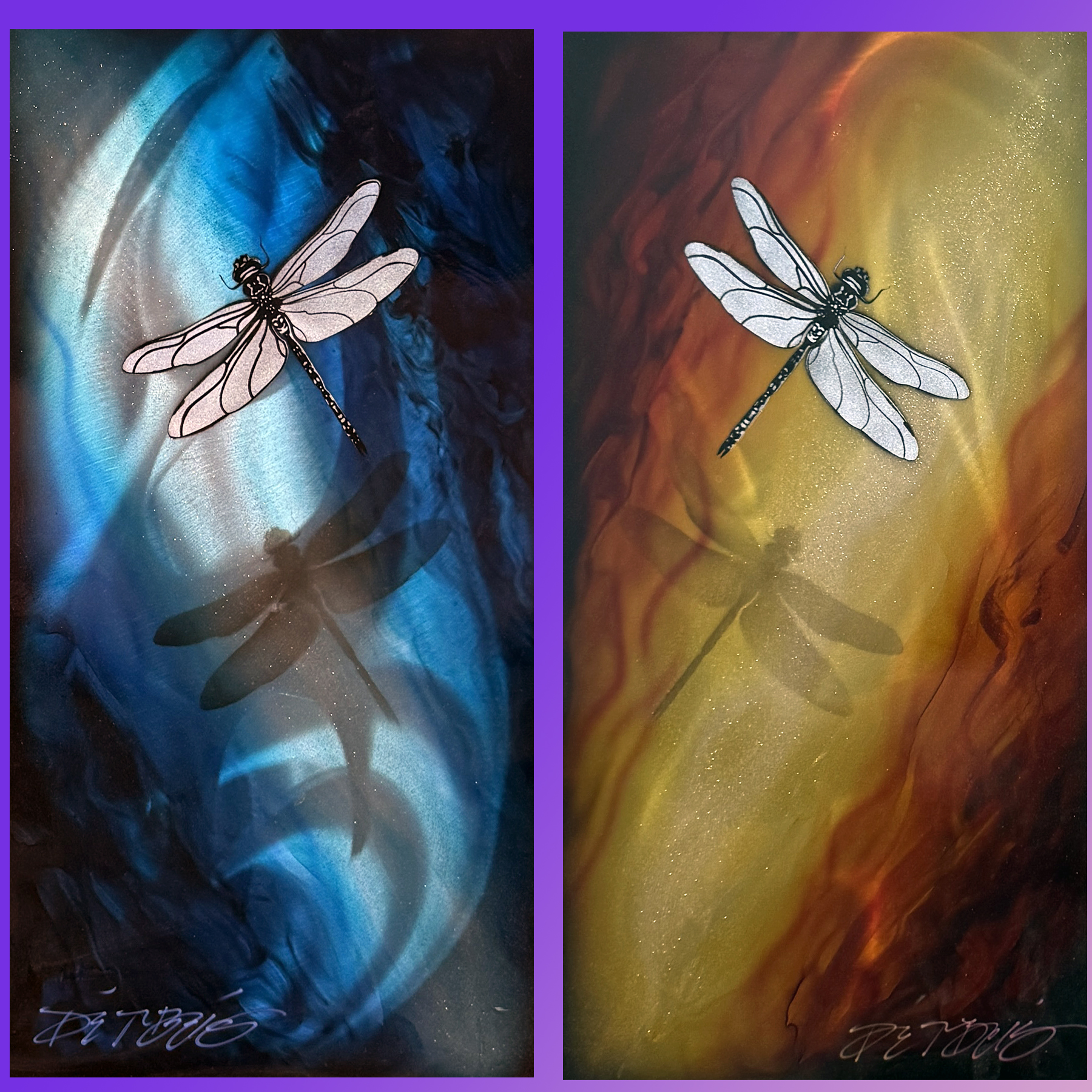 Prism Dragonfly Set — Fire & Frost by Chris DeRubeis (two 12×36 originals on metal)